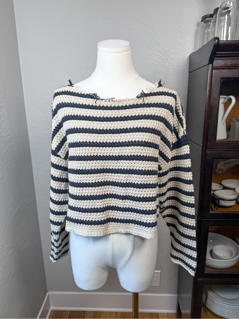 Lucky Brand Striped Crochet Cotton Distressed Boat Neck Sweater Size M